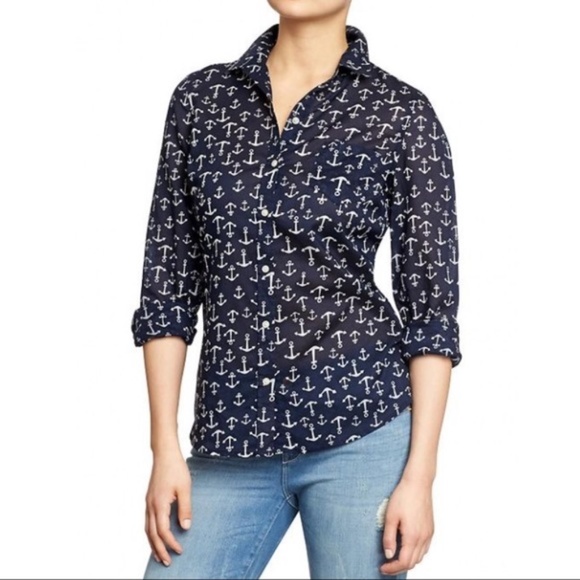 Old Navy Tops Blue Sheer Anchor Print Button Up Shirt Poshmark